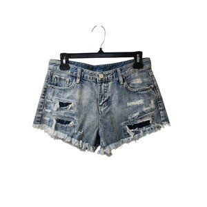 GoldTrans Distressed Patchwork Jean Shorts Size 28 Raw Fringe Hem Mid Rise